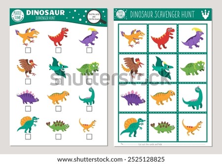 Vector dinosaur scavenger hunt cards set. Seek and find game with cute Pterodactyl, Stegosaurus, Triceratops, T-Rex for kids. Prehistoric searching activity. Educational printable worksheet
