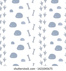 Vector Dinosaur Seamless Pattern For Children. Dino Flat Cartoon Background With Bones, Footprints, Stones. Cute Prehistoric Reptiles Illustration.
