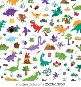 Padrão de dinossauro vetor sem costura. Fundo de repetição animal pré-histórico bonito. Dino papel digital com Pterodactil, Stegosaurus, Tyrannosaurus, Triceratops, T-Rex para crianças
