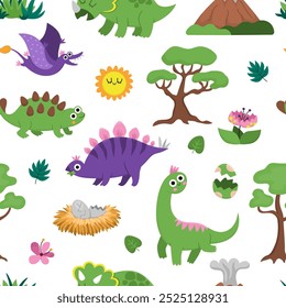 Vector dinosaur seamless pattern. Cute prehistoric animal repeat background. Dino digital paper with Pterodactyl, Stegosaurus, Triceratops, brachiosaurus for kids
