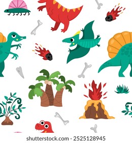 Padrão de dinossauro vetor sem costura. Fundo de repetição animal pré-histórico bonito. Dino papel digital com Pterodactyl, Tiranossauro, T-Rex, vulcão, ossos, asteroide para crianças
