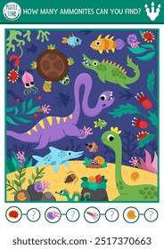 Vector dinosaur searching and counting game with prehistoric underwater landscape. Spot hidden ammonites in picture. Ancient world seek and find educational printable activity for kids
