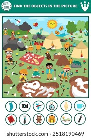 Vector dinosaur searching game with paleontologist dig camp landscape. Spot hidden object in picture. Prehistoric scientist seek and find printable activity for kids with skeleton, bone, archaeologist