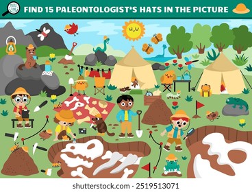 Vector dinosaur searching game with paleontologist dig camp landscape. Spot hidden hats in picture. Prehistoric scientist seek and find printable activity for kids with skeleton, bones, archaeologist