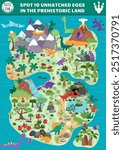 Vector dinosaur searching game with prehistoric continent map landscape. Spot hidden eggs in picture. Ancient world seek and find educational printable activity for kids with T-rex, triceratops