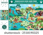 Vector dinosaur searching game with prehistoric landscape. Spot hidden donos in picture. Ancient world seek and find educational printable activity for kids with T-rex, triceratops, stegosaur
