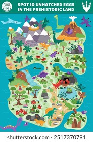 Vector dinosaur searching game with prehistoric continent map landscape. Spot hidden eggs in picture. Ancient world seek and find educational printable activity for kids with T-rex, triceratops