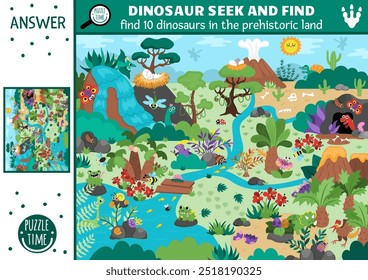 Vector dinosaur searching game with prehistoric landscape. Spot hidden donos in picture. Ancient world seek and find educational printable activity for kids with T-rex, triceratops, stegosaur
