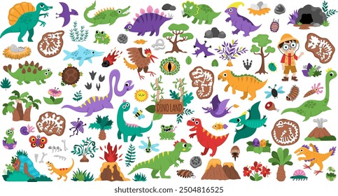 Vector dinosaur set. Cute prehistoric animal icons collection. Dino illustrations with Pterodactyl, Stegosaurus, Tyrannosaurus, Triceratops, T-Rex, paleontologist. Dino party elements for kids