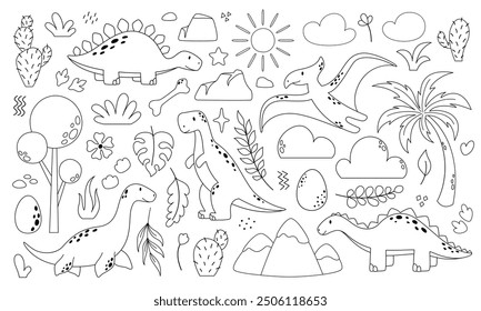 Vector dinosaur set. Line art illustrations