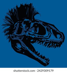 Vector dinosaur skull print. Artwork features a black dinosaur fossil image with large teeth and a mo-hawk on a blue background. Apparel graphic artwork.
