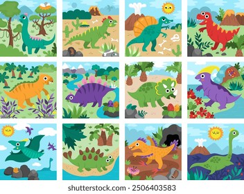 Vector dinosaur square scenes collection Dino landscape illustration pack for kids. Cute prehistoric scenes set with Spinosaurus, Velociraptor, Pterodactyl, Stegosaurus, Triceratops, T-Rex
