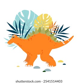 Vector dinosaur Stegosaurus with palm and monstera leaves, t shirt print design, poster, card, party invitation
