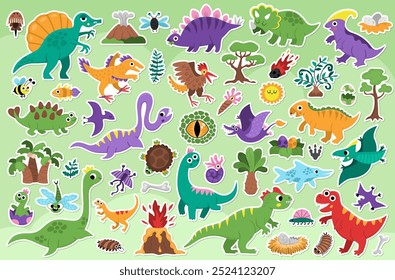 Pacote de adesivo de dinossauro vetor. Coleção de ícones de animais pré-históricos bonitos. Ilustrações de Dino com Pterodactil, Stegosaurus, Tyrannosaurus, Triceratops, T-Rex. Conjunto de elementos de festa dino para crianças
