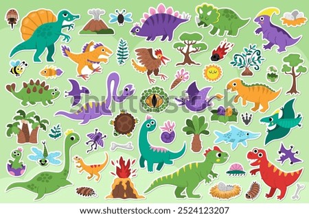 Vector dinosaur sticker pack. Cute prehistoric animal icons collection. Dino illustrations with Pterodactyl, Stegosaurus, Tyrannosaurus, Triceratops, T-Rex. Dino party elements set for kids
