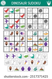 Vector dinosaurio sudoku puzzle para niños con imágenes. Cuestionario prehistórico simple con elemento de corte y pegamento. Actividad de Educación o página para colorear con T-rex, insecto, triceratops, volcán. Dibuja lo que falta