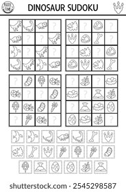 Vector dinosaur sudoku puzzle for kids with pictures. Black and white line prehistoric quiz with cut and glue elements. Education activity or coloring page with T-rex, insects, triceratops, volcano
