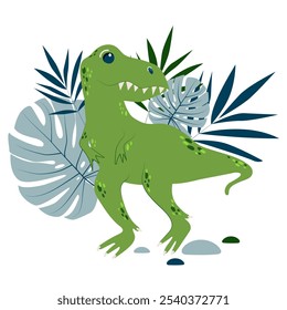 Vector dinosaur T Rex, Tyrannosaurus with palm and monsterrra leaves, t shirt print design, poster, card, party invitation
