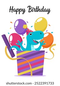 Vector dinosaur themed happy birthday card, dinosaur coming out of gift box for birthday celebration. Ideal to create festive atmosphere for children's birthday party.