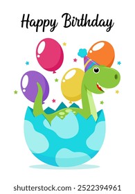 Tarjeta de feliz cumpleaños temática de dinosaurio de Vector, huevo de eclosión de dinosaurio en sombrero de fiesta con globos y estrellas. Perfecto para invitaciones de cumpleaños, decoración de fiestas infantiles y temas de celebración.