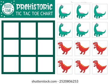 Gráfico de dedo tac toe de dinossauro vetor com braquiossauro e tiranossauro. Jogo de tabuleiro pré-histórico com personagens bonitos. Planilha dino terra engraçada imprimível. Grade de zeros e cruzes