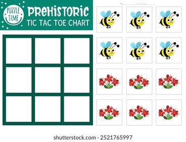 Gráfico de dedo tac toe de dinossauro vetor com mamangabas e flores antigas. Jogo de tabuleiro pré-histórico campo de jogo com inseto bonito. Planilha dino terra engraçada imprimível. Grade de zeros e cruzes 
