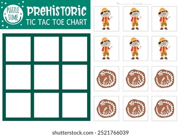 Vector dinosaur tic tac toe chart with paleontologist, brachiosaur skeleton. Prehistoric board game playing field. Funny dino land printable worksheet. Noughts and crosses grid