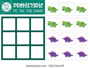 Vektor-Dinosaurier-Tic-Tac-Toe-Chart mit Stegosaurier und Triceratops. Prähistorische Brettspiel Spielfeld mit niedlichen Zeichen. Lustige Dino Land druckbare Arbeitsblatt. Nullen und Gitterkreuzungen 
