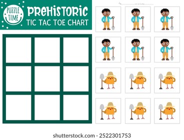 Vector dinosaur tic tac toe chart with paleontologist boy and bird. Prehistoric board game playing field. Funny dino land printable worksheet with cute characters. Noughts and crosses grid