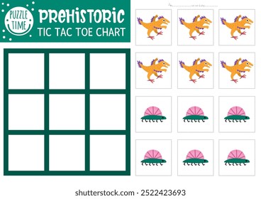 Vector dinosaur tic tac toe chart with velociraptor. Prehistoric board game playing field with cute characters. Funny dino land printable worksheet. Noughts and crosses grid 
