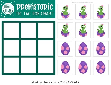 Vector dinosaur tic tac toe chart with hatching baby brachiosaur, egg. Prehistoric board game playing field with cute characters. Funny dino land printable worksheet. Noughts and crosses grid