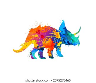 Vector dinosaur triceratops of watercolor splash paint. Colorful vector icon