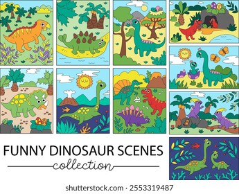 Vertical de dinosaurio de Vector y escenas Horizontales colección de dibujos animados dino paquete de ilustración de paisaje para niños. Lindas escenas prehistóricas ambientadas con Pterodáctilo, Stegosaurus, Triceratops, T-Rex