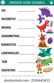 Página de atividade de embaralhamento de palavras de dinossauro vetorial. Jogo de língua inglesa com tiranossauro, pterossauro, estegossauro para crianças. Teste pré-histórico da família com dino bonito. Planilha educacional imprimível
