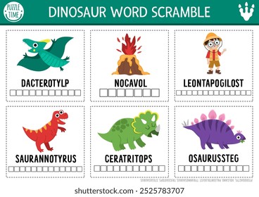 Página de atividade de embaralhamento de palavras de dinossauro vetorial. Jogo de língua inglesa com tiranossauro, pterossauro, estegossauro para crianças. Teste pré-histórico da família com dino bonito. Planilha educacional imprimível
