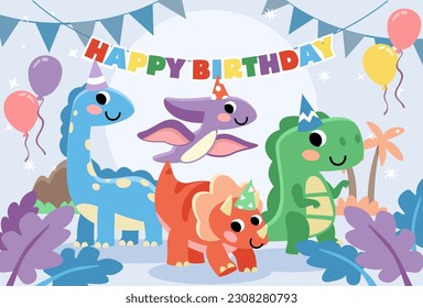 Vector dinosaurs birthday background, cute baby dinosaur, stegosaurus, brontosaurus, tyrannosaurus, backdrop