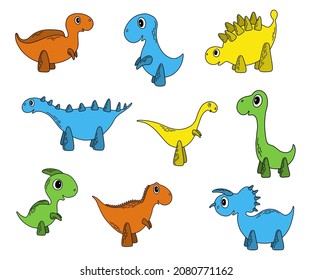 Vector dinosaurs collection. Isolated bright kids Dino. Cute children characters for stickers, print, poster, decoration