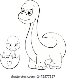 Vector dinosaurs mom and baby diplodocus. Clipart for baby shower, nursery, decor, stickers, prints with historical animals. Black line silhouette for cricut