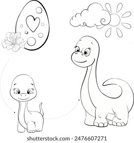Vector dinosaurs mom and baby Diplodocus, egg. Clipart for baby shower, nursery, decor, stickers, prints with historical animals. Black line silhouette for circuit