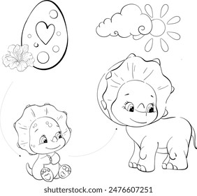 Vector dinosaurs mom and baby Triceratops, egg. Clipart for baby shower, nursery, decor, stickers, prints with historical animals. Black line silhouette for circuit