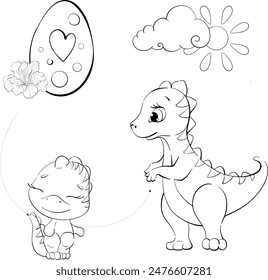 Vector dinosaurs mom and baby tyrannosaur, egg. Clipart for baby shower, nursery, decor, stickers, prints with historical animals. Black line silhouette for circuit