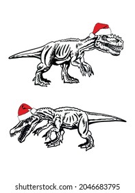 Vector dinosaurs in red Santa Claus hats on white background,Christmas elements for design and decoration