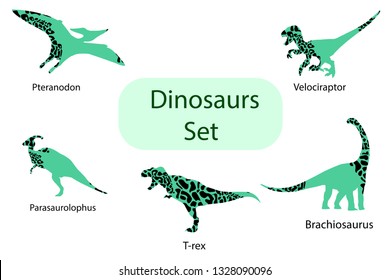 Vector dinosaurs set with leopard animal print, five dinosaurs velociraptor, t rex, pteranodon, parasaurolophus, brachiosaurus illustration for book 