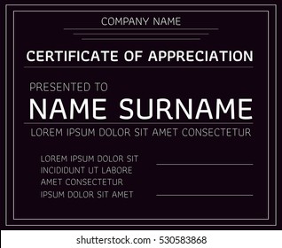 Vector diploma. Certificate of appreciation white text on black background in minimalist style