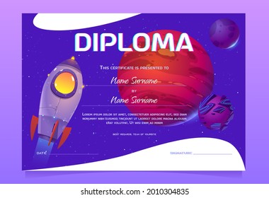 Vector diploma for kids with spaceship and planets
