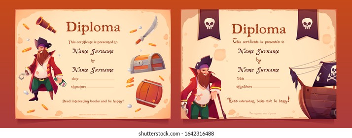 Vector diploma with pirate theme for kids in kindrgarten, preschool or elementary school. Certificate template for award or celebration graduation with cartoon pirate flag, captain and ship