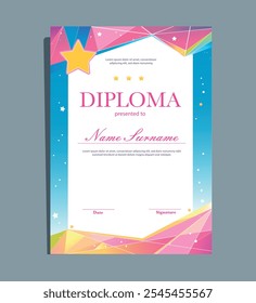 Vector diploma template for kids. Sport competition award for girls, little children, certificates with stars, pink, blue, purple colours, shiny, sparkling gradient polygonal background. 