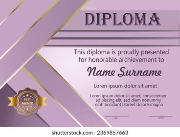 Plantilla de diploma vectorial en colores lila-rosados con sombras y resaltados