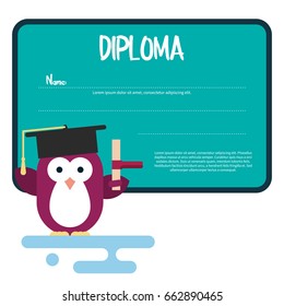 Vector diploma template with penguin character stylized as a student. Modern flat illustration.