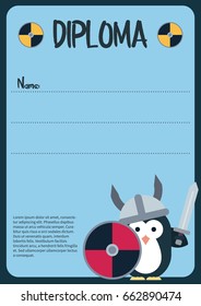 Vector diploma template with penguin character stylized as a viking. Modern flat illustration.